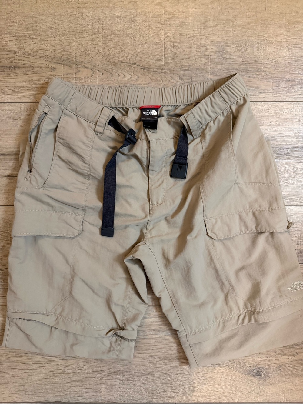 The North Face Men's Tan Cargo Shorts with Black Belt